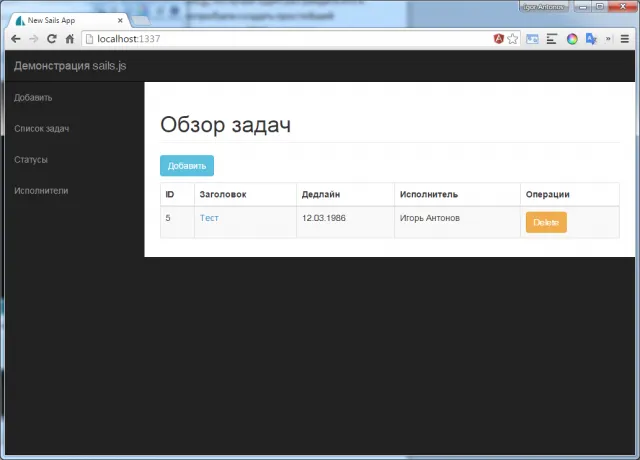 Рисунок 2. Готовое web-приложение на sails.js